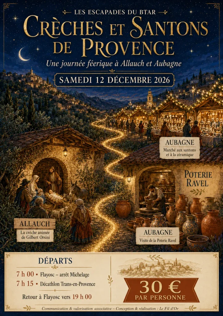 Réalisation en communication associative : affiche Crèches et Santons de Provence à Allauch et Aubagne pour le BTAR de Flayosc