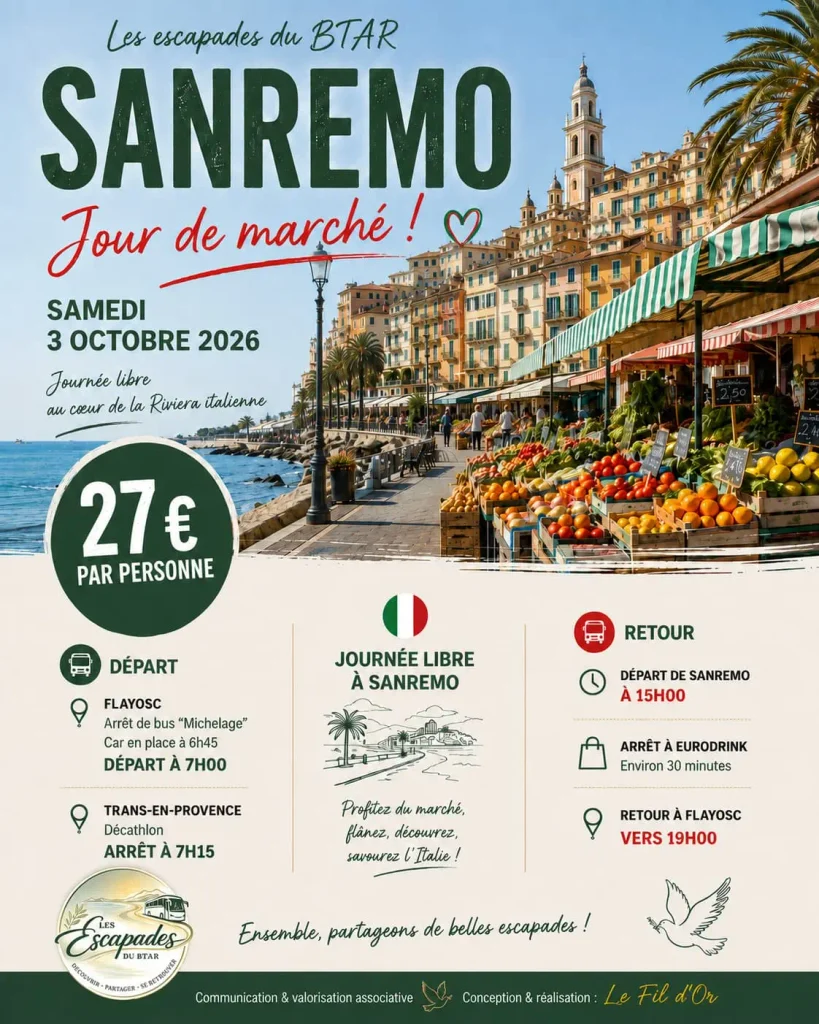 Réalisation en communication associative : affiche de la sortie à Sanremo du BTAR de Flayosc