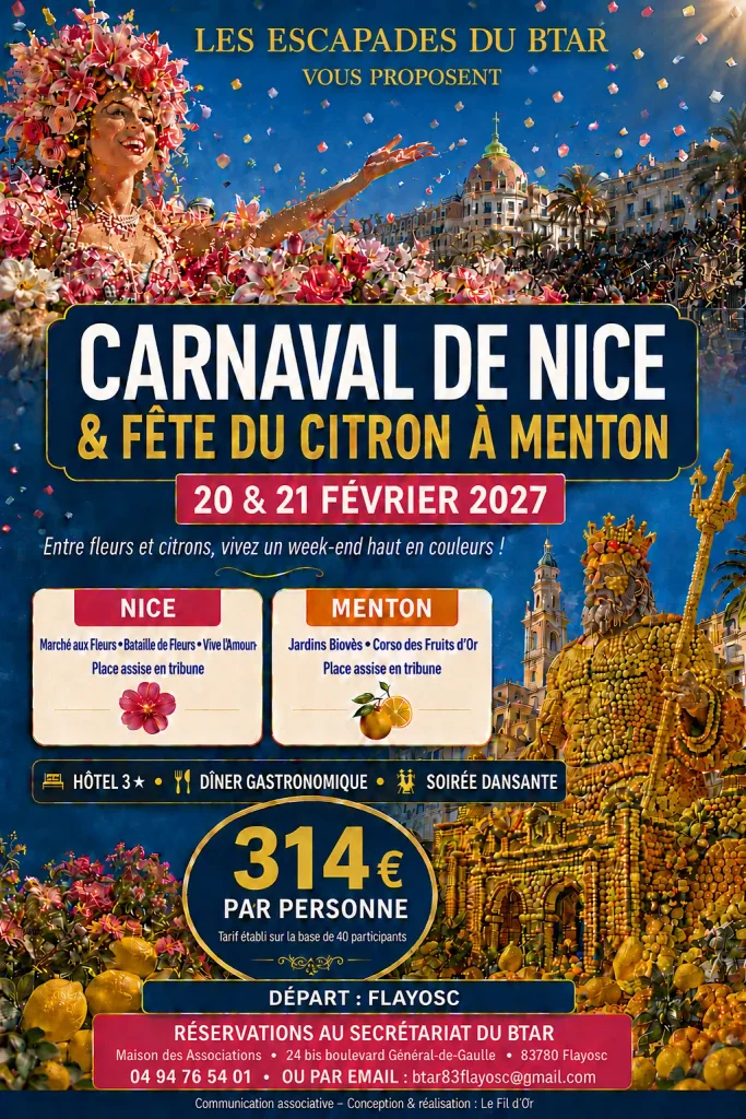 Réalisation en communication associative : affiche du Carnaval de Nice et de la Fête du Citron à Menton pour le BTAR de Flayosc